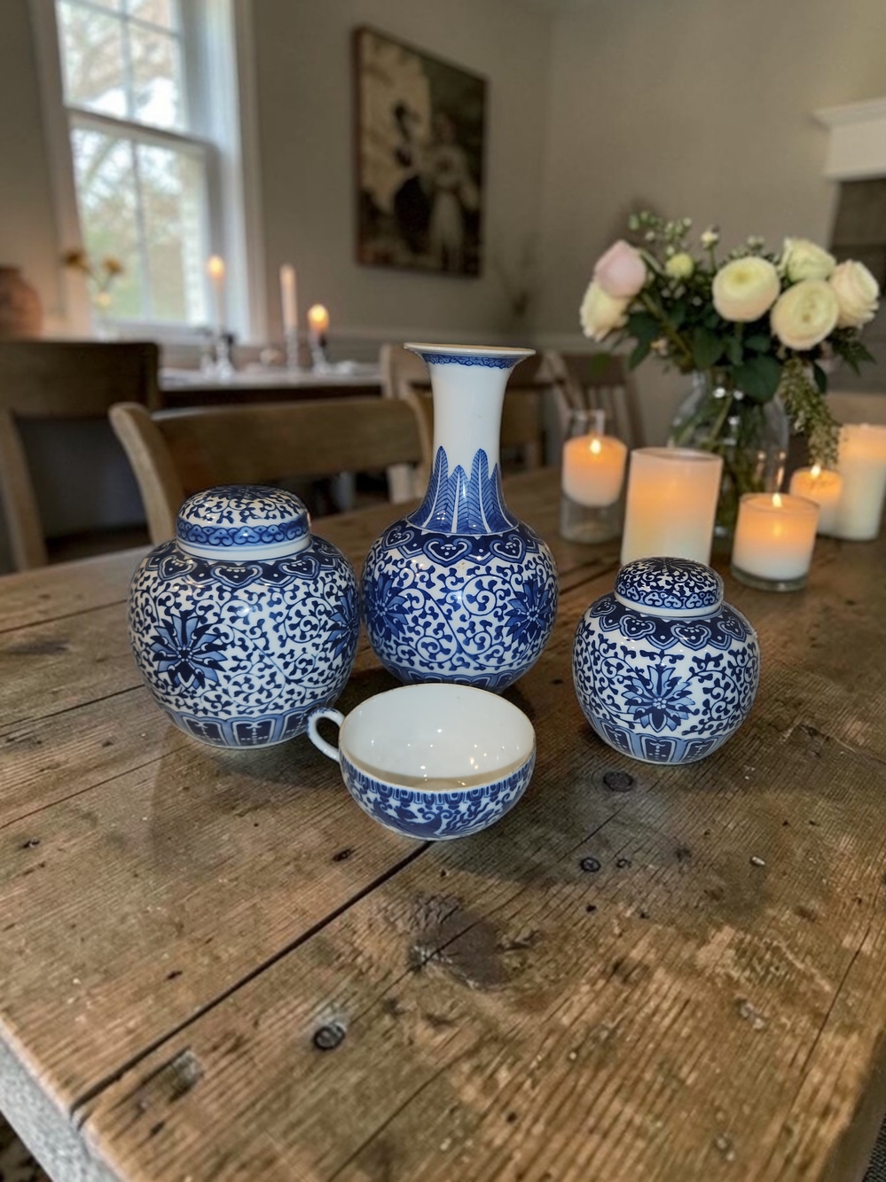 Blue & White Ceramic Vase and Ginger Jar Set - Classic Floral Home Art